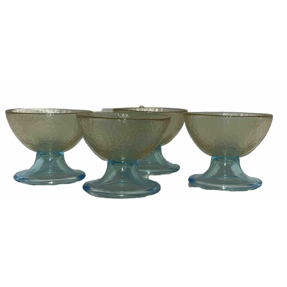 Vetreria Lux Set Of 4 Yellow Blue Footed Dessert Bowl Compote Hand Blown